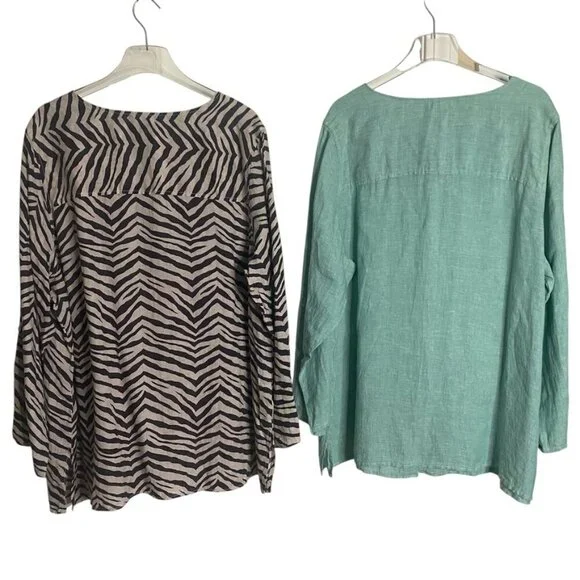 (2) Tahari linen tunic blouses 3X green brown stripe - Picture 3 of 12